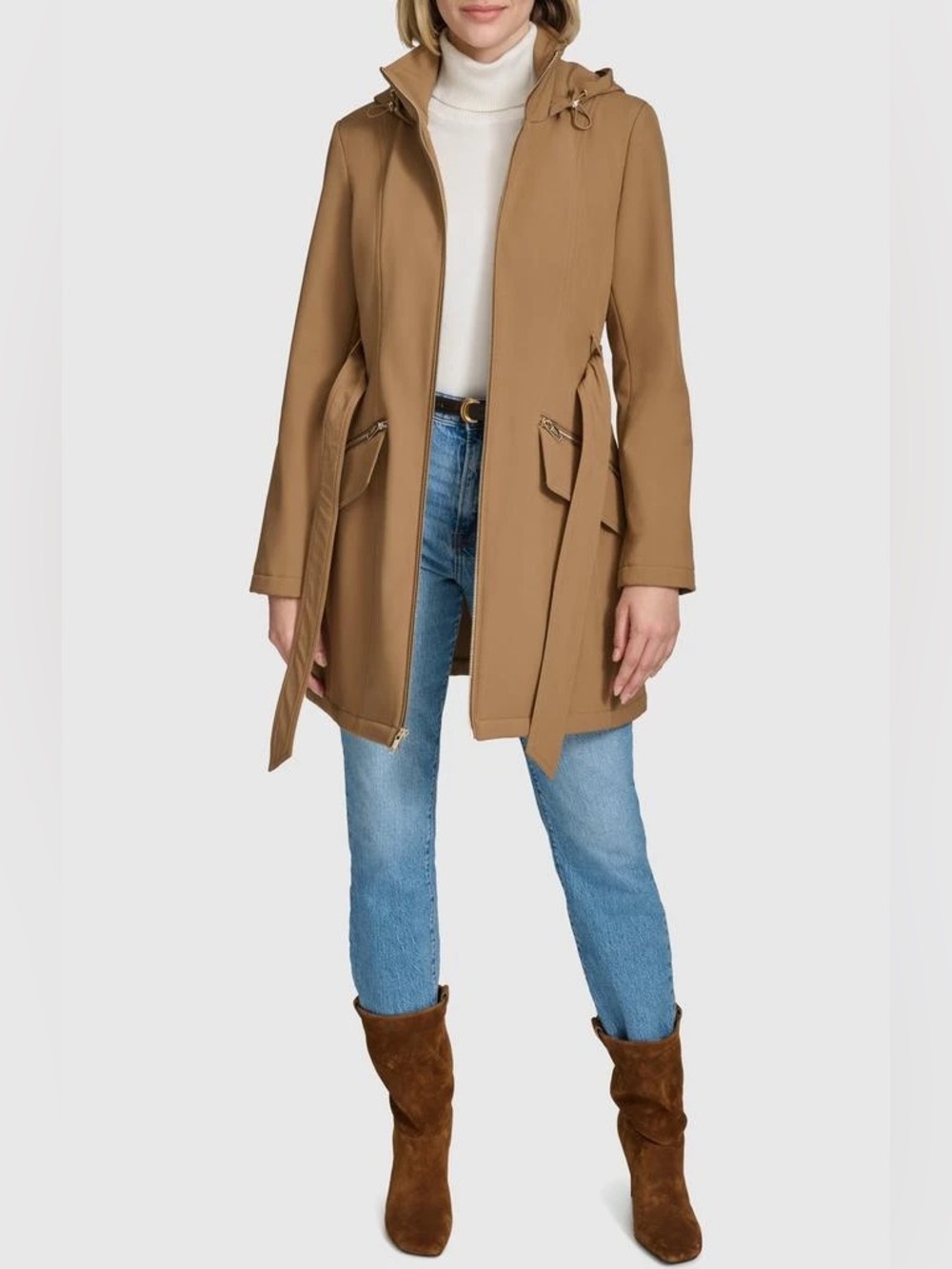 Marc New York Tan Hooded Trench Coat Full Zip Pockets Stretch Womens Small S